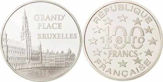 Pièce France 100 Francs - 15 Euros  - Grand Place de Bruxelles - 1996 - Argent - Avec certificat