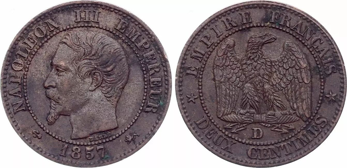 Pièce France 2 Centimes Napoléon III - Tête nue - 1857 D Lyon