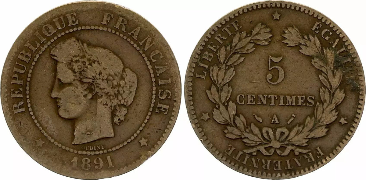 Pièce France 5 Centimes Cérès - Troisième République - 1891 A Paris