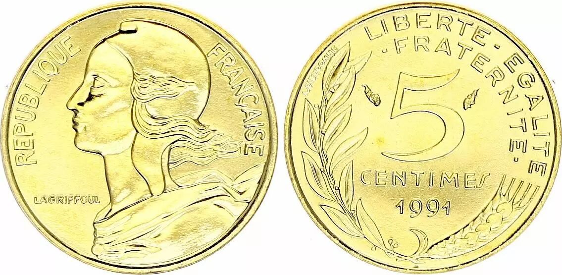 Pièce France 5 centimes Lagriffoul - 1991 BU frappe médaille
