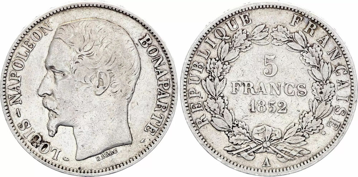 Pièce France 5 Francs Louis-Napoléon Bonaparte - Tête étroite - 1852 A Paris - Argent