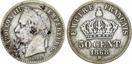 Pièce France 50 Centimes Napoleon III - 1868 BB Strasbourg - Argent