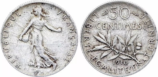 Pièce France 50 Centimes Semeuse - 1918 - Argent