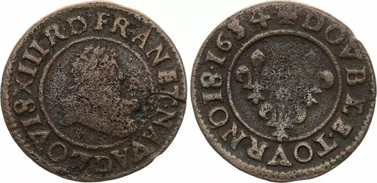 Pièce France Double tournois - Louis XIII - 1634 D Lyon