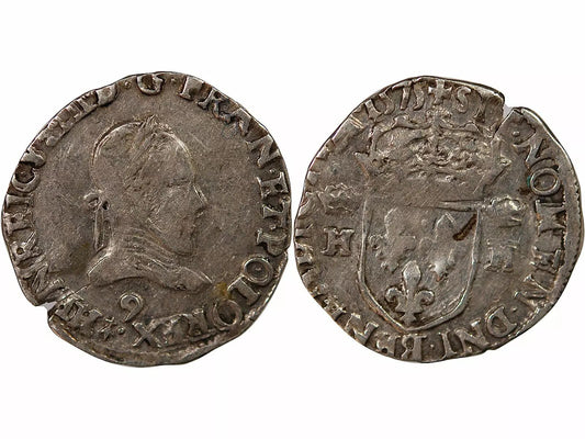 Pièce France HENRI III - 1/2 TESTON AU COL PLAT 1575 9 RENNES